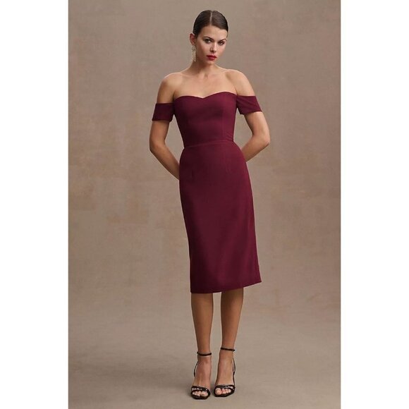 DRESS THE POPULATION Bailey Off the Shoulder Body-Con Dress in Burgundy X-Small - Picture 1 of 15